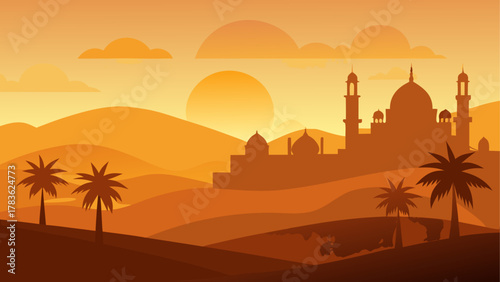 Silhouette of desert mosque at sunset time