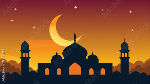 Silhouette mosque with moon and stars sky