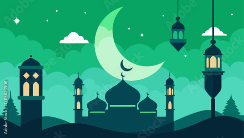 A mosque with a moon and stars background