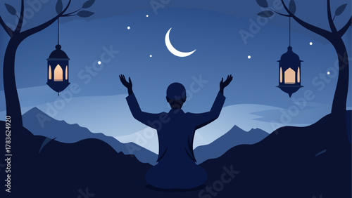 Person praying under moonlit night scene