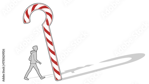 A lone figure walks towards a giant candy cane casting a long shadow