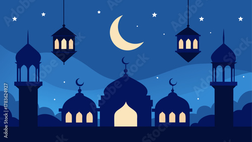 Ramadan night scene with mosque and moon