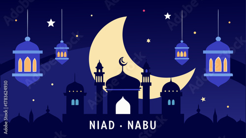 Crescent moon over mosque with lanterns