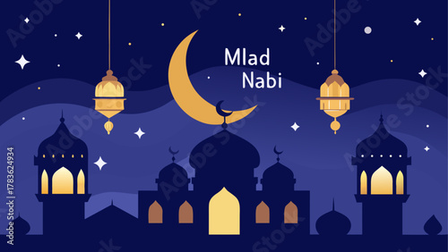 Islamic new year with mosque and moon art
