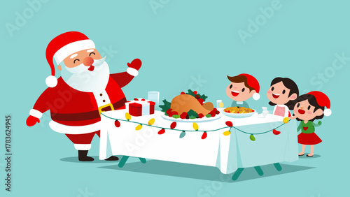 Santa claus joins a happy family for a festive christmas dinner celebration