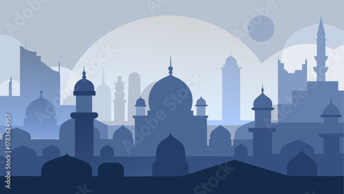 Silhouette of a mosque and city landscape