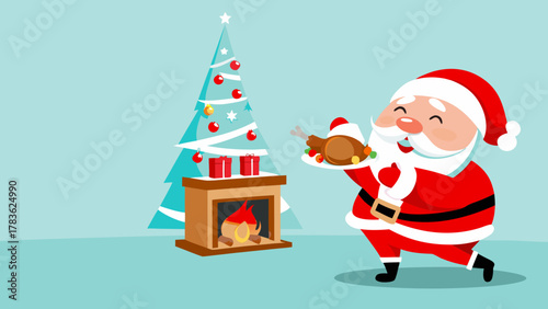 Happy santa claus holding a roasted turkey next to a decorated christmas tree and fireplace