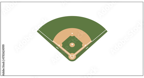 Illustrative top-down perspective of a classic baseball diamond, showcasing the green outfield, brown infield, and white bases, ideal for sports event promotions, game design, and athletic themes
