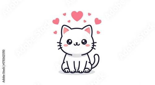 Charming Illustration of a Kawaii White Cat Surrounded by Pink Hearts