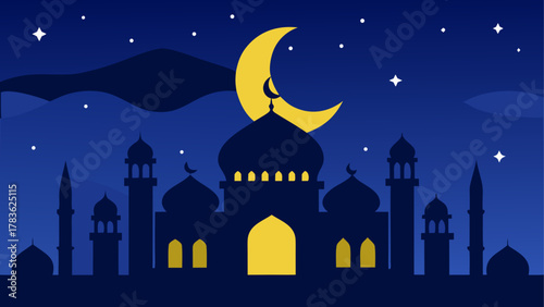 Mosque silhouette under crescent moon night