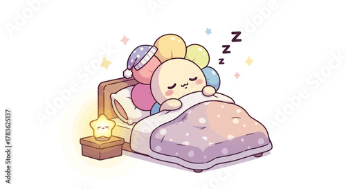 Adorable character peacefully sleeping in a cozy bed with a star-shaped night light and colorful balloons, representing dreams and relaxation