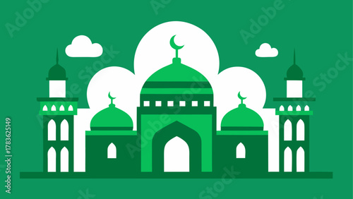 Green mosque with crescent moon and clouds