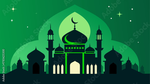 Green islamic mosque silhouette at night