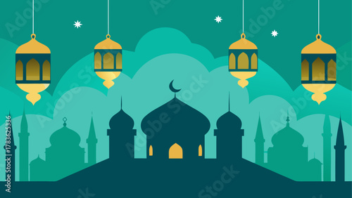 Islamic mosque with lanterns and crescent moon