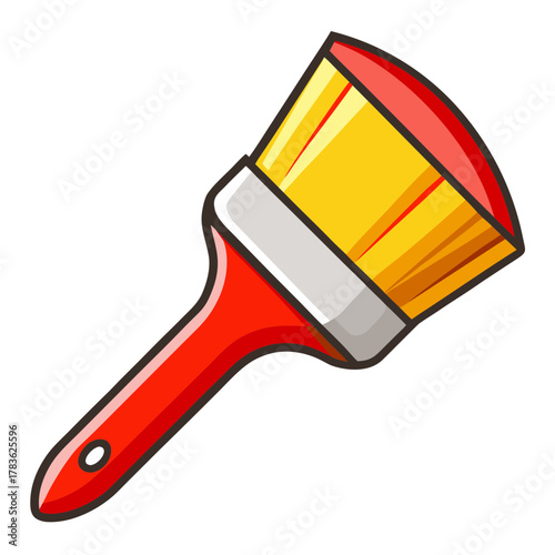 Illustration of a red handled yellow paint brush tool on transparent background