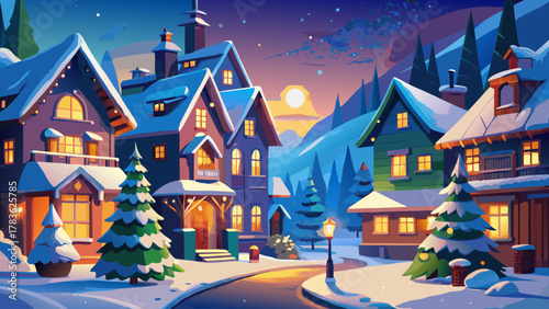 Cozy snow covered village scene at dusk with warmly lit houses and festive trees