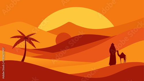 Silhouette of camel and man in desert sun