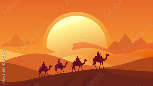 Camels traversing desert at sunset time