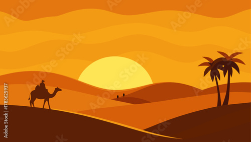 Camel riding through desert at sunset time