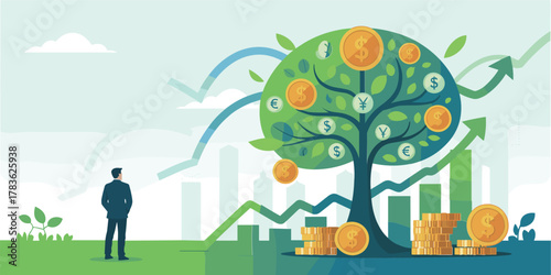 Business man observing money tree with currency symbols and growth charts dollar