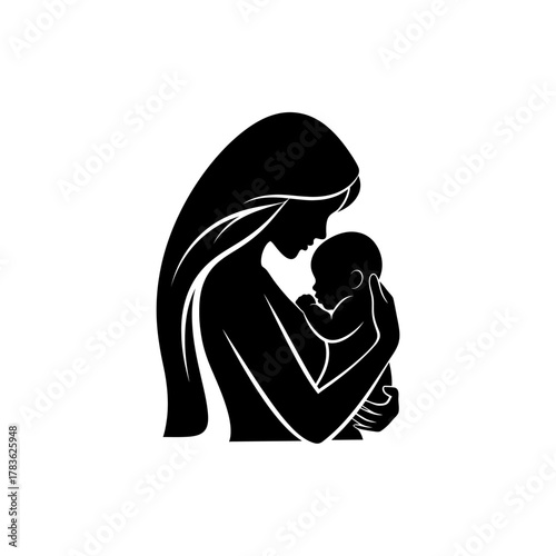 Silhouette of a mother holding baby suitable for parenting blogs, familythemed designs, mothers day cards, posters, maternal wellness campaigns.