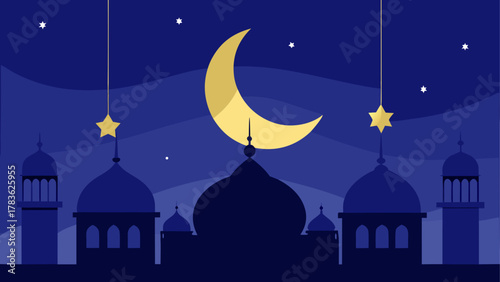 Silhouette mosque with moon and stars night