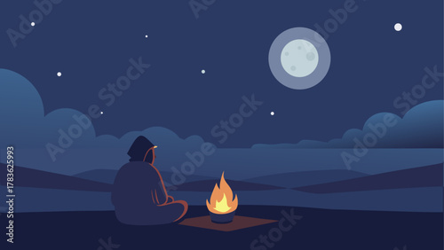 Person sitting by campfire under moonlight