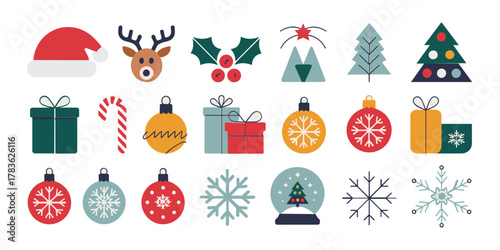Christmas holiday icons including Santa hat reindeer holly tree gifts ornaments vector