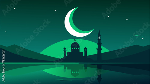 Green mosque and moonlit night reflection