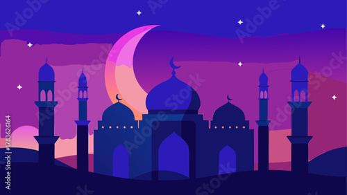 Illustration of a mosque at night time