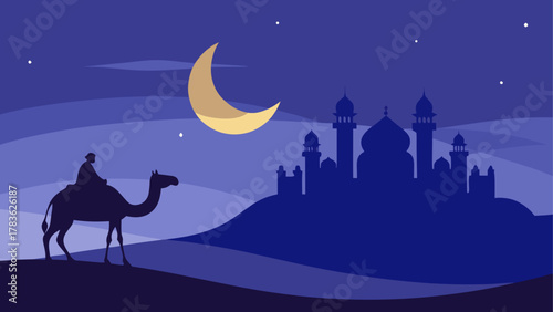 Camel silhouette at night with mosque view