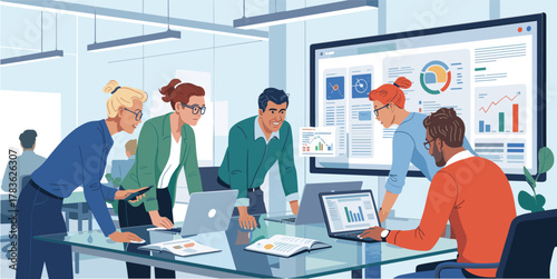 Diverse business team collaborates around a glass table with laptops and charts meeting