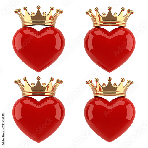 Four Red Hearts Wearing Gold Crowns | Romantic Royalty Love Pattern for Valentine's Day and Design