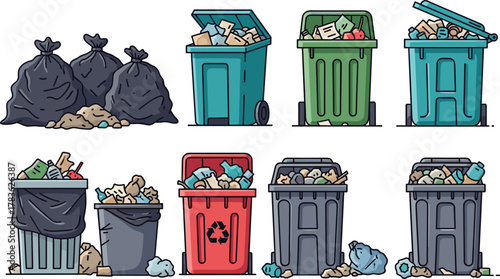 Cartoon garbage bins, trash bags, recycling container, overflowing waste, sanitation icons, urban litter, environmental awareness, flat vector illustration, isolated waste management set