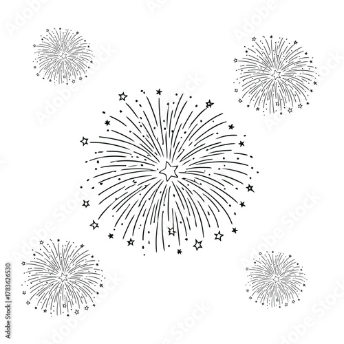 Hand drawn fireworks, festive illustration for holiday design and celebration vector element