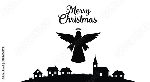 Silhouette of a christmas angel with outstretched wings hovering above a village with houses and a church on a white background