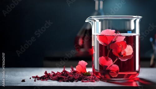 Hibiscus Tea Infusion in Laboratory Beaker and Dried Flowers