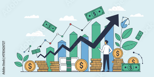 Man observing upward trending financial graph with money and coins finance
