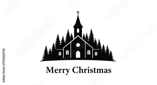 Silhouette of a church with pine trees and a cross on top with merry christmas text below