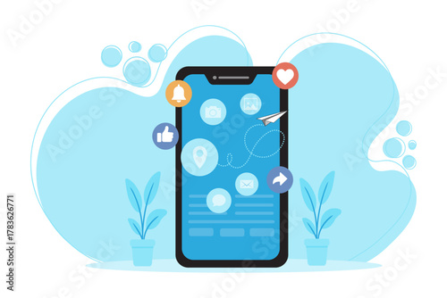 Vector illustration of a large smartphone with social media icons such as heart, like, bell, and envelope, representing digital communication, app notifications, and online interaction. Clean blue the