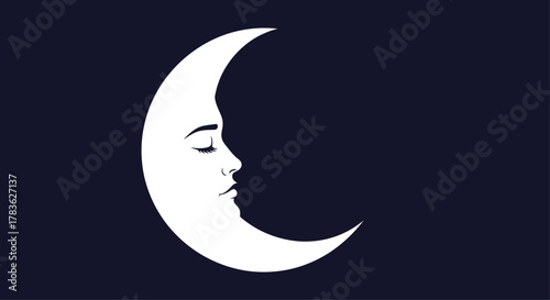 A serene crescent moon with a human face gazes peacefully against a dark gray backdrop, evoking a sense of tranquility and wonder, perfect for themes of night, dreams, and the celestial realm, capturi