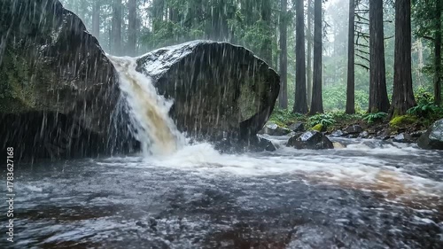 Forest river scene with lush green plants and flowing water in nature.