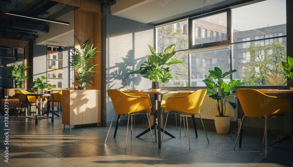 Fototapeta premium Bright Spring Office Break Area with Yellow Chairs Green Plants and Sunlit Large Windows