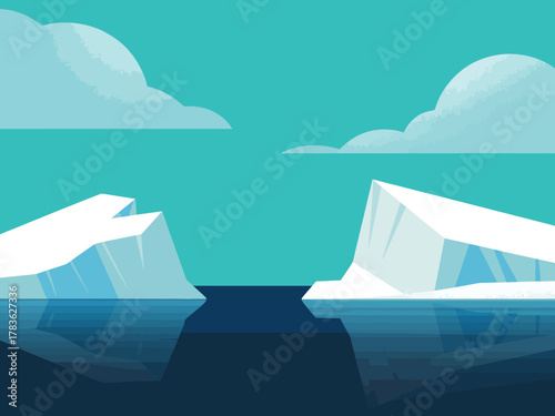 A tranquil seascape showcasing two majestic icebergs floating gently on a serene turquoise sea, complemented by soft clouds above, evoking calmness and peace.