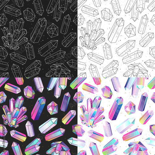 Seamless patterns collection with colorful rainbow multicolored crystals gems on black and white backgrounds. And outline drawing with gemstones, minerals quartz. For textile, fabric, print wallpaper.