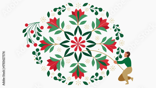 Man fishing for festive floral ornament with red green and gold colors