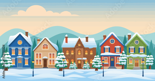 A picturesque winter village scene showcasing colorful houses blanketed in snow, creating a serene and festive atmosphere evoking warmth and nostalgia during holidays.