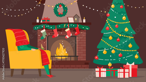 Cozy christmas scene with a person relaxing by a fireplace and decorated tree