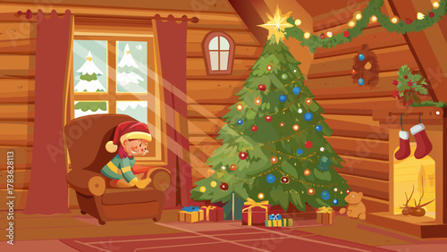Cozy christmas cabin scene with a child decorated tree and fireplace