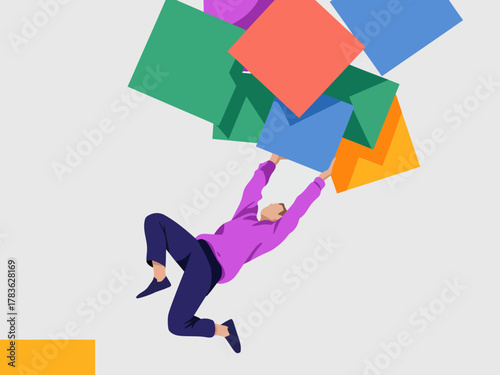 Fotografie A dynamic illustration shows a person energetically balancing colorful geometric shapes, symbolizing challenges and the pursuit of creativity amidst chaos and change